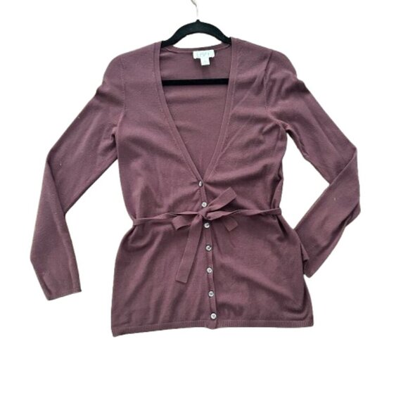 LOFT Maroon Burgundy Tie Front Button Up Cardigan Sweater Top Size Medium - Picture 1 of 8